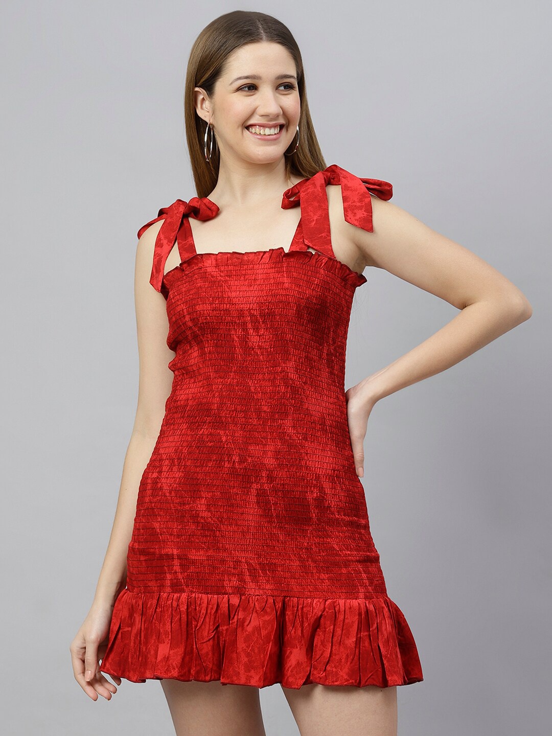 

FLAMBOYANT Women Red Self Design Shoulder Straps A-Line Dress