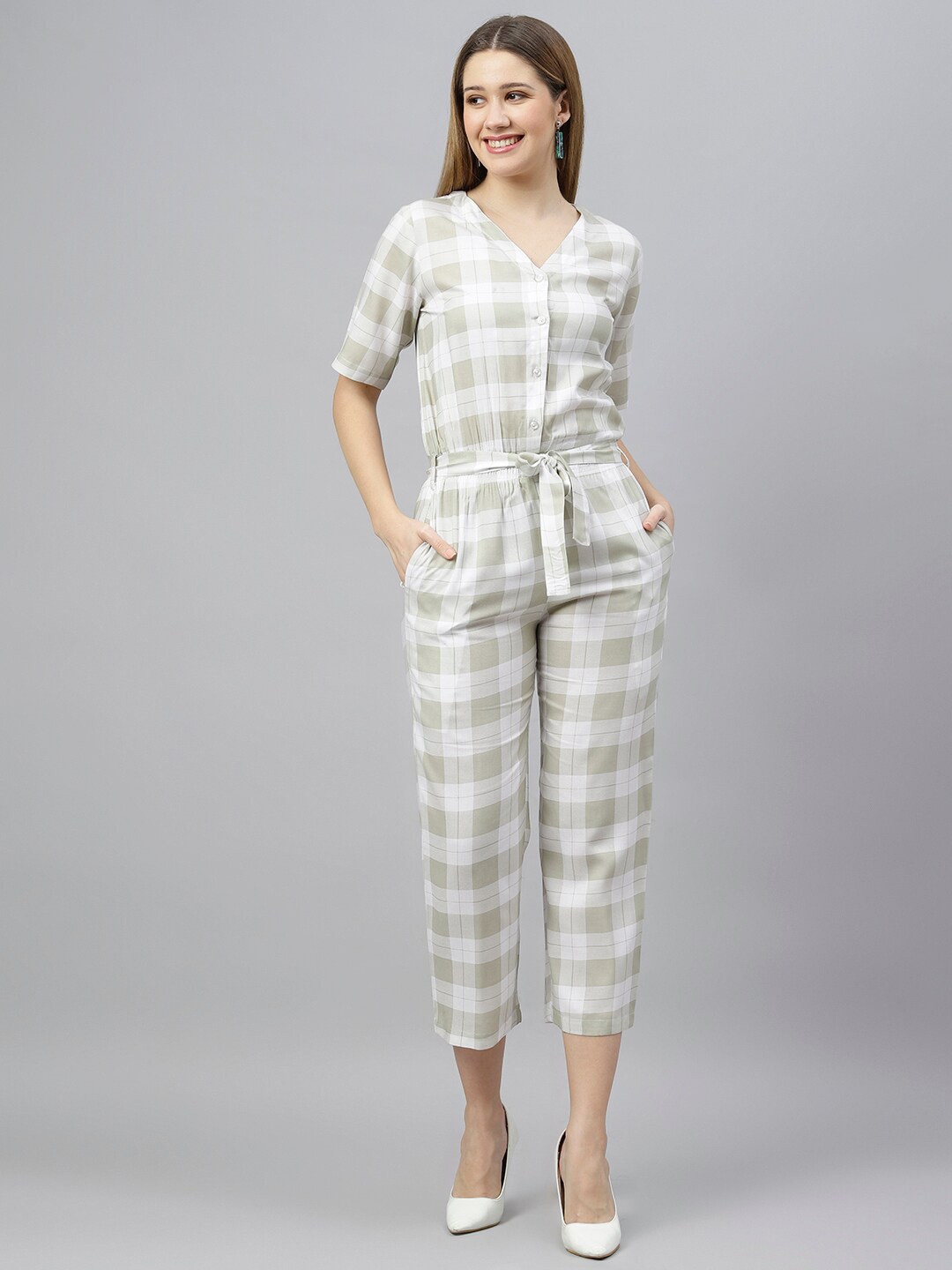 

FLAMBOYANT Women Green & White Checked V-neck Capri Jumpsuit