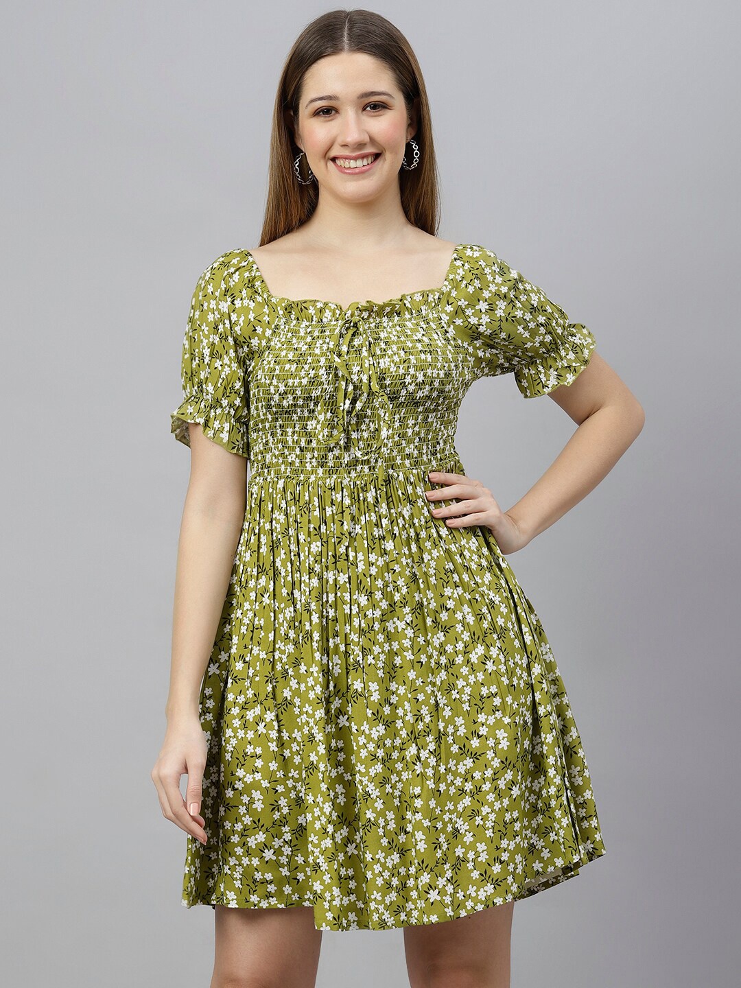 

FLAMBOYANT Women Green & White Floral Square Neck Fit & Flare Dress