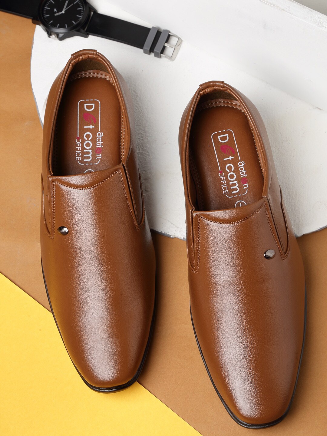 

Action Men Tan-Brown Solid Formal Slip-on Shoes