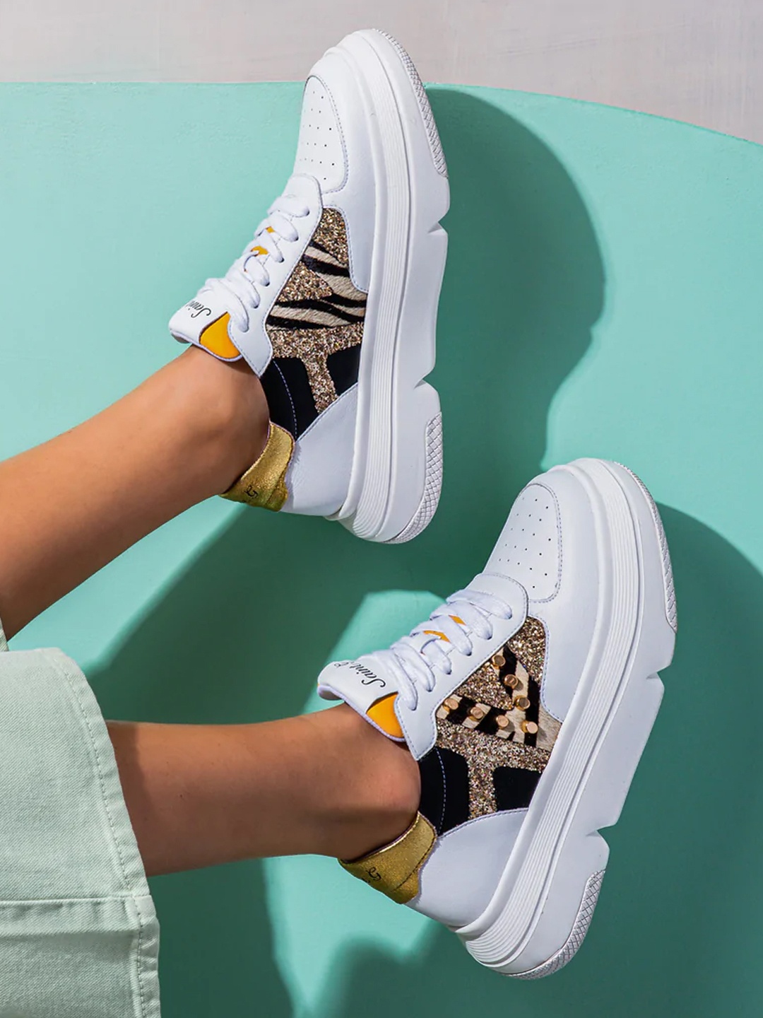 

Saint G Women White & Brown Printed Leather Sneakers