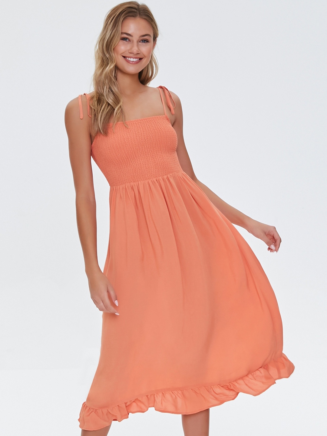 

FOREVER 21 Women Peach-Coloured Solid A-Line Midi Dress