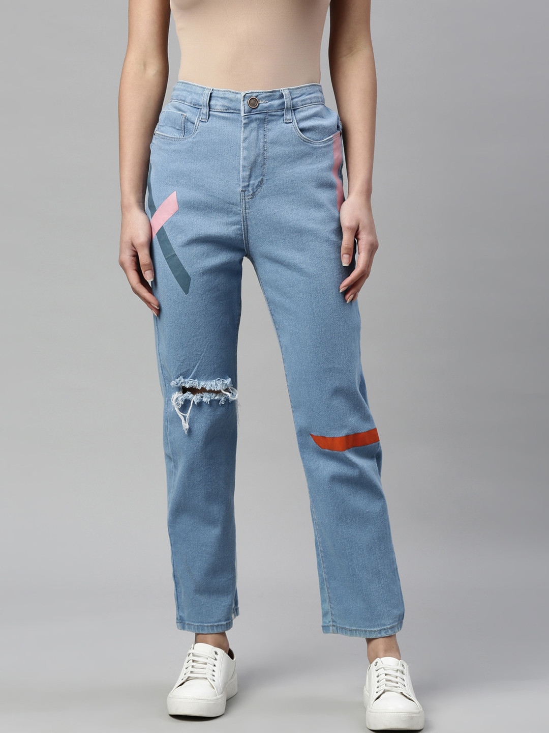 

ZHEIA Women Blue Lean Straight Fit High-Rise Slash Knee Stretchable Jeans