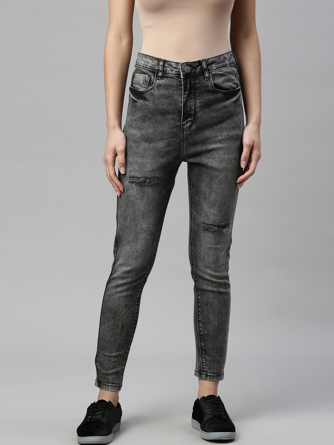 

ZHEIA Women Black Lean Skinny Fit High-Rise Heavy Fade Acid Wash Stretchable Jeans