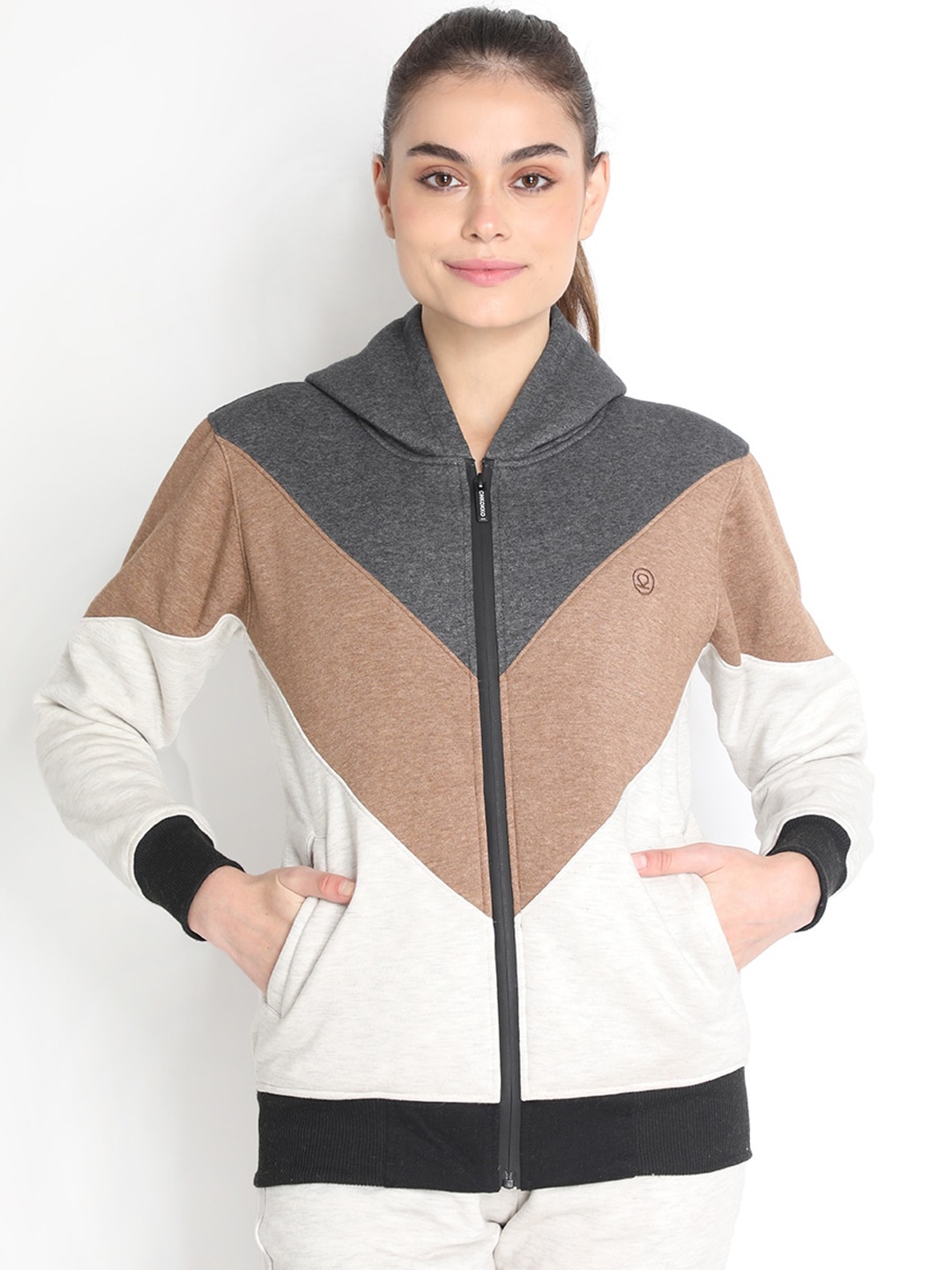 

CHKOKKO Women Grey Colourblocked Lightweight Hooded Bomber Jacket