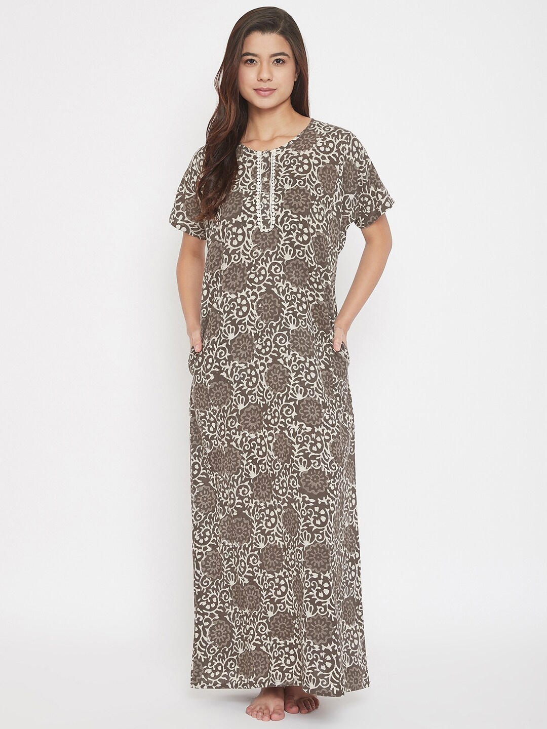 

The Kaftan Company Women Grey Printed Cotton Maxi Nightdress