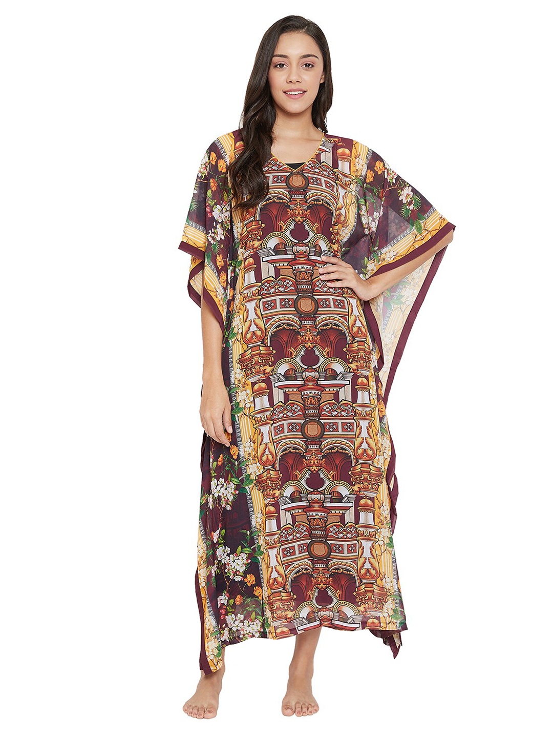 

The Kaftan Company Maroon Printed Maxi Nightdress