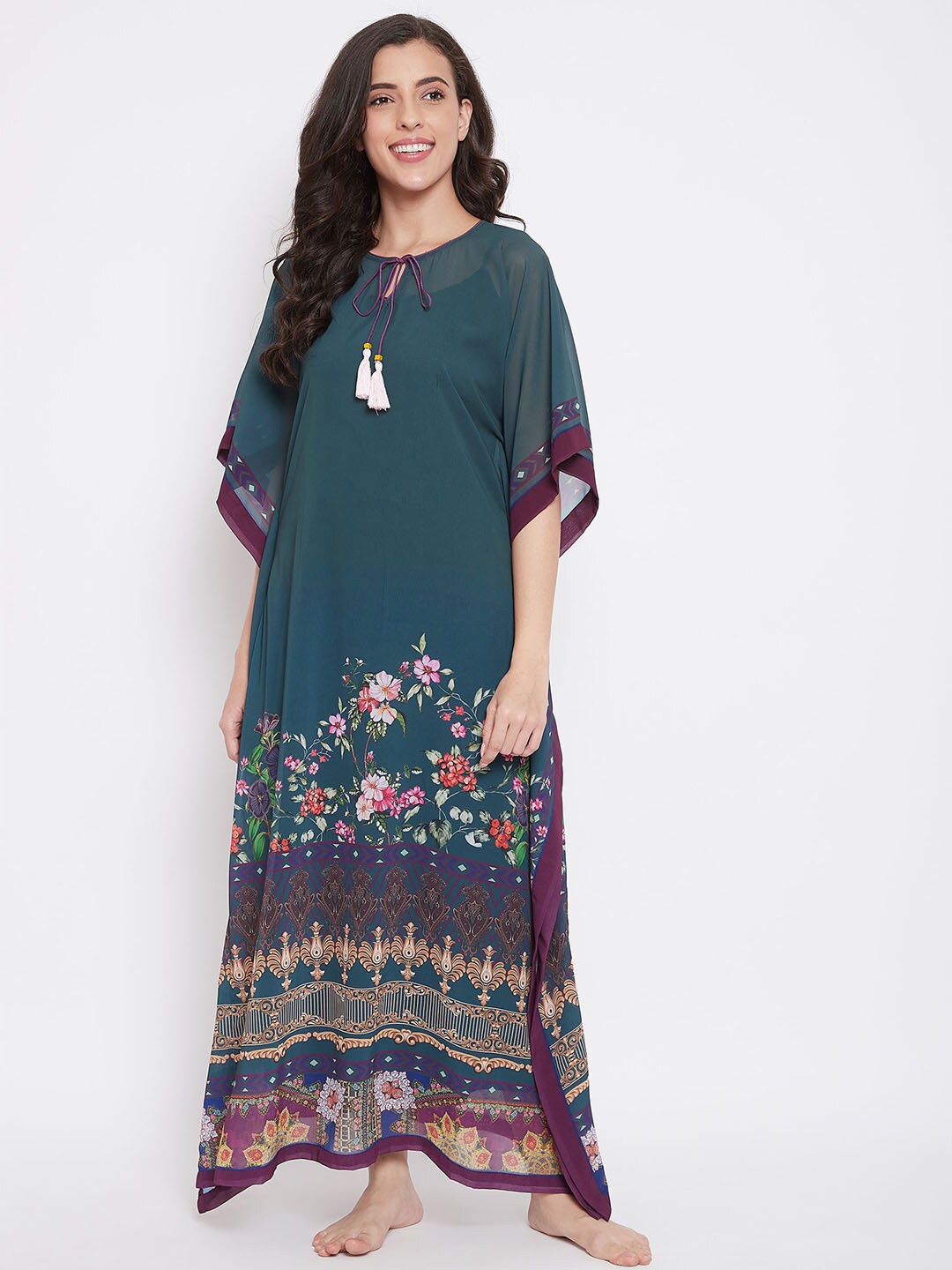 

The Kaftan Company Women Teal Green & Purple 2 Piece Printed Kaftan Maxi Nightdress
