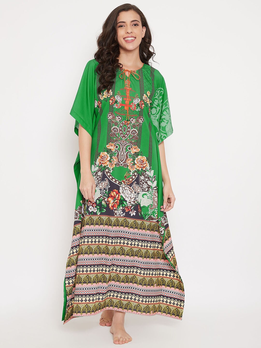 

The Kaftan Company Green & Orange Ethnic Motifs Printed Kaftan Maxi Nightdress