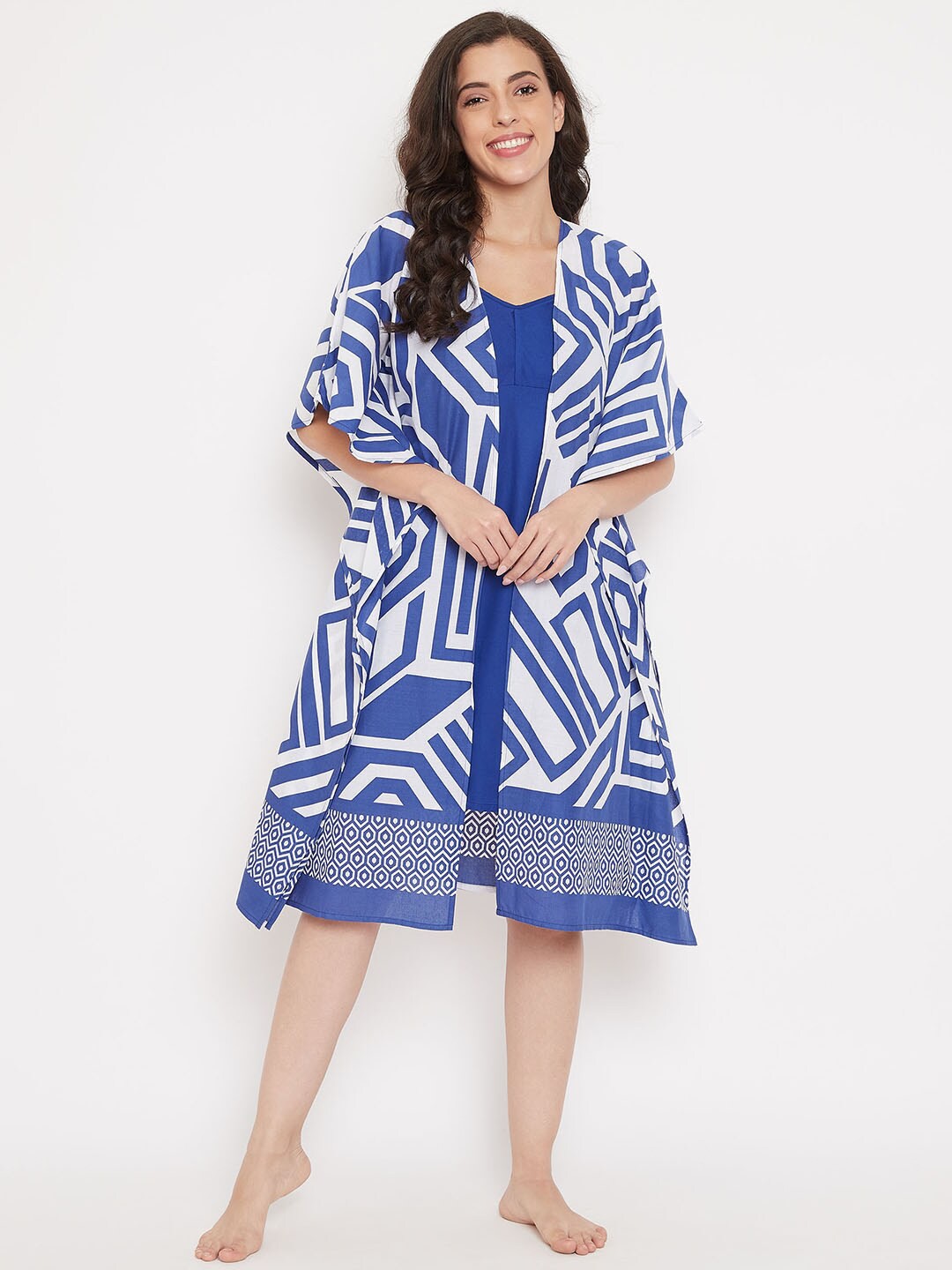 

The Kaftan Company Blue Printed Pure Cotton Kaftan Nightdress