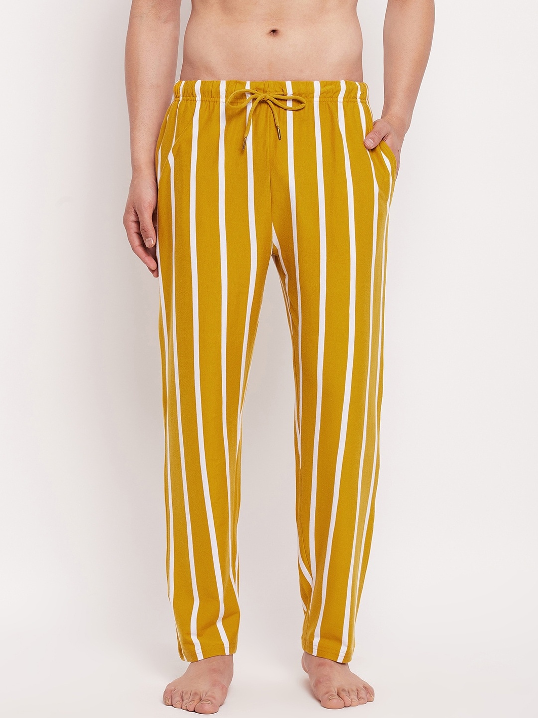 

Hypernation Men Pure Cotton Striped Lounge Pants, Yellow