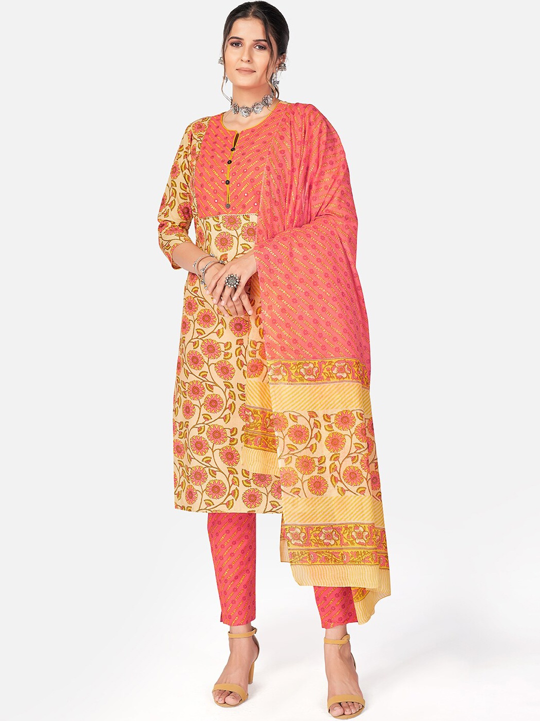 

KALINI Women Yellow Floral Printed Sequinned Pure Cotton Kurta with Trousers & With Dupatta