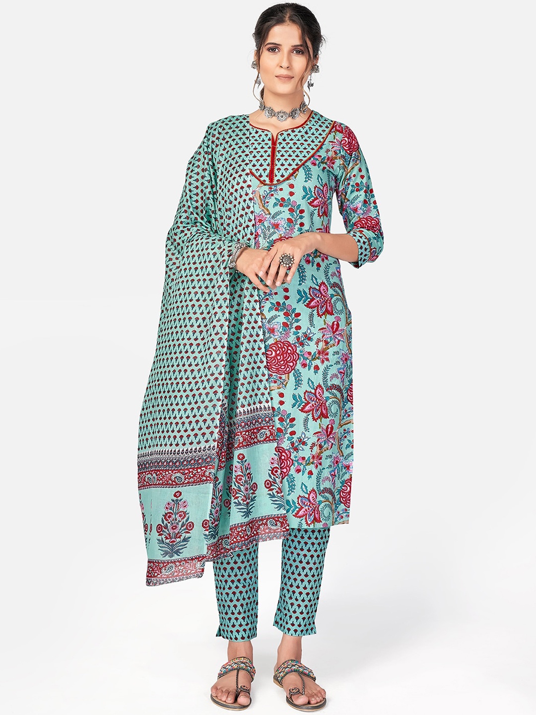 

KALINI Women Blue Floral Printed Sequinned Pure Cotton Kurti with Trousers & With Dupatta