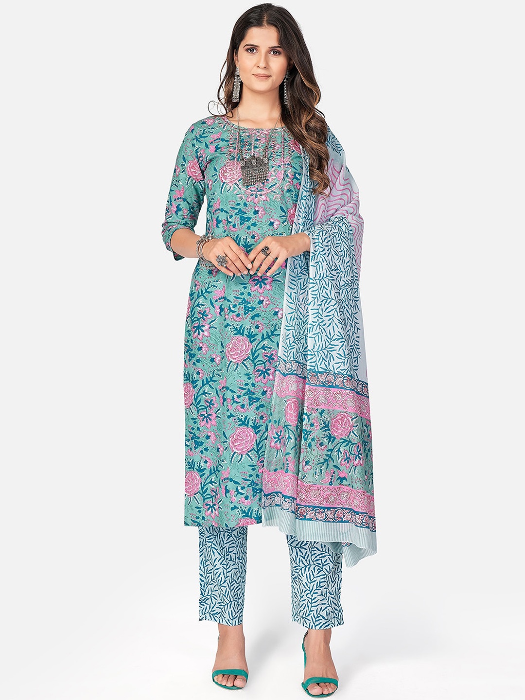 

KALINI Women Turquoise Blue Ethnic Motifs Printed Thread Work Pure Cotton Kurta with Trousers & Dupatta