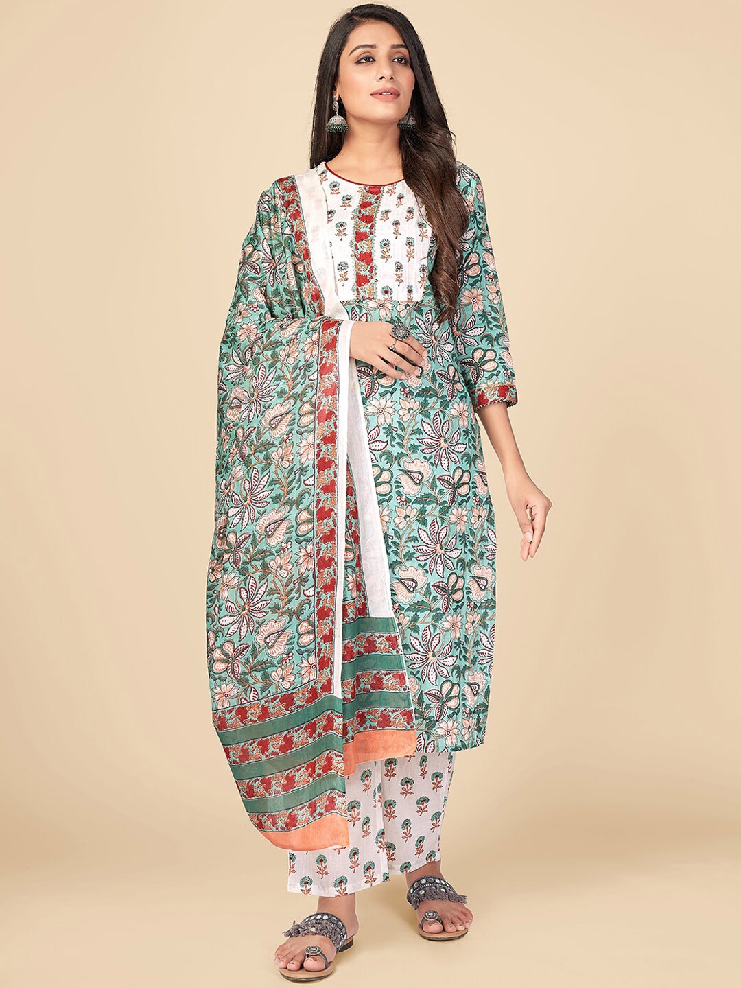 

Vbuyz Women Turquoise Blue Ethnic Motifs Printed Pure Cotton Kurti with Trousers & With Dupatta