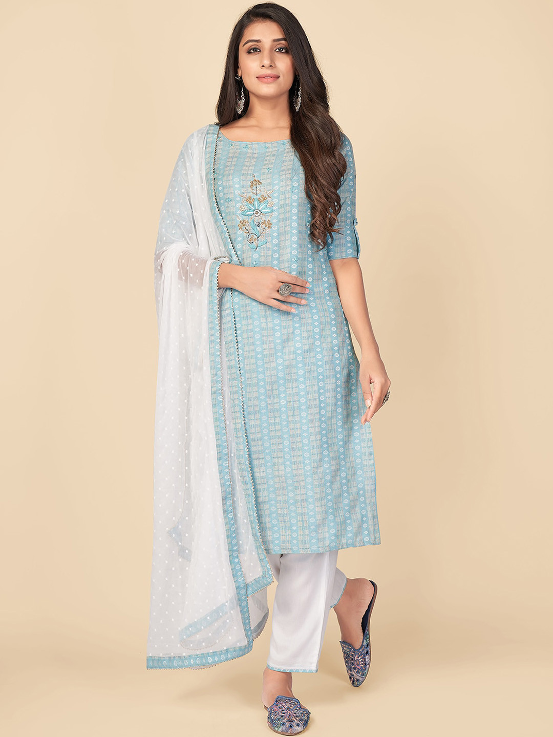 

Vbuyz Women Blue Ethnic Motifs Embroidered Thread Work Pure Cotton Kurti with Trousers & With Dupatta