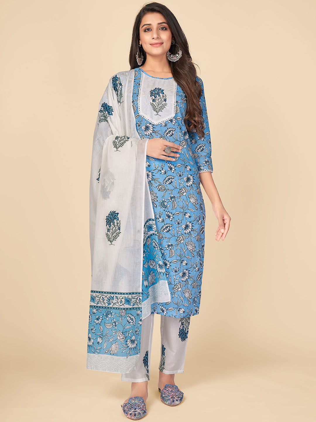 

KALINI Women Blue Floral Printed Sequinned Pure Cotton Kurta with Trousers & With Dupatta