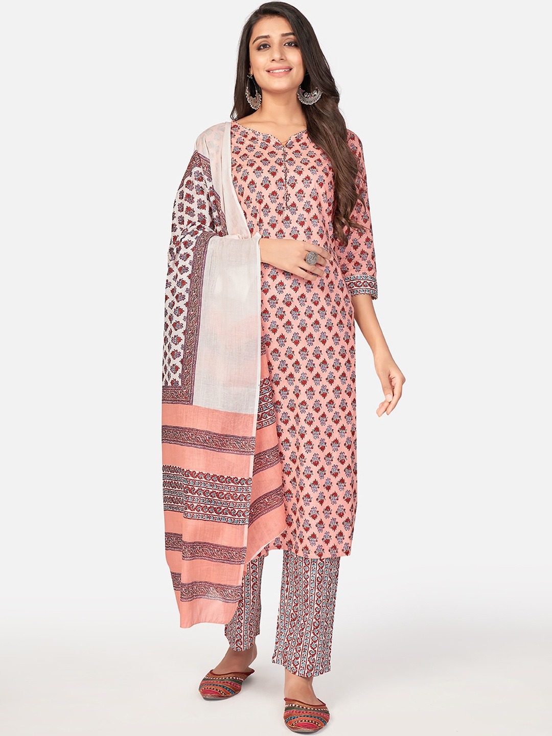 

KALINI Women Peach-Coloured Printed Panelled Mirror Work Pure Cotton Kurti with Trousers & With Dupatta