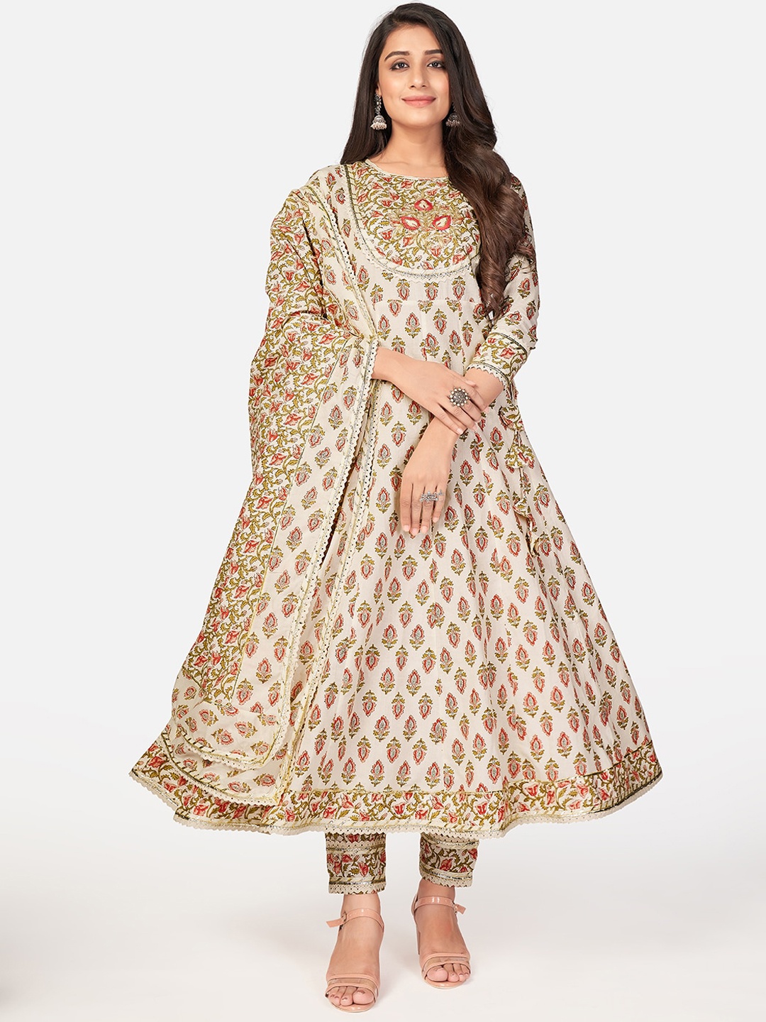 

Vbuyz Women Beige Floral Printed Pure Cotton Kurta with Churidar & With Dupatta