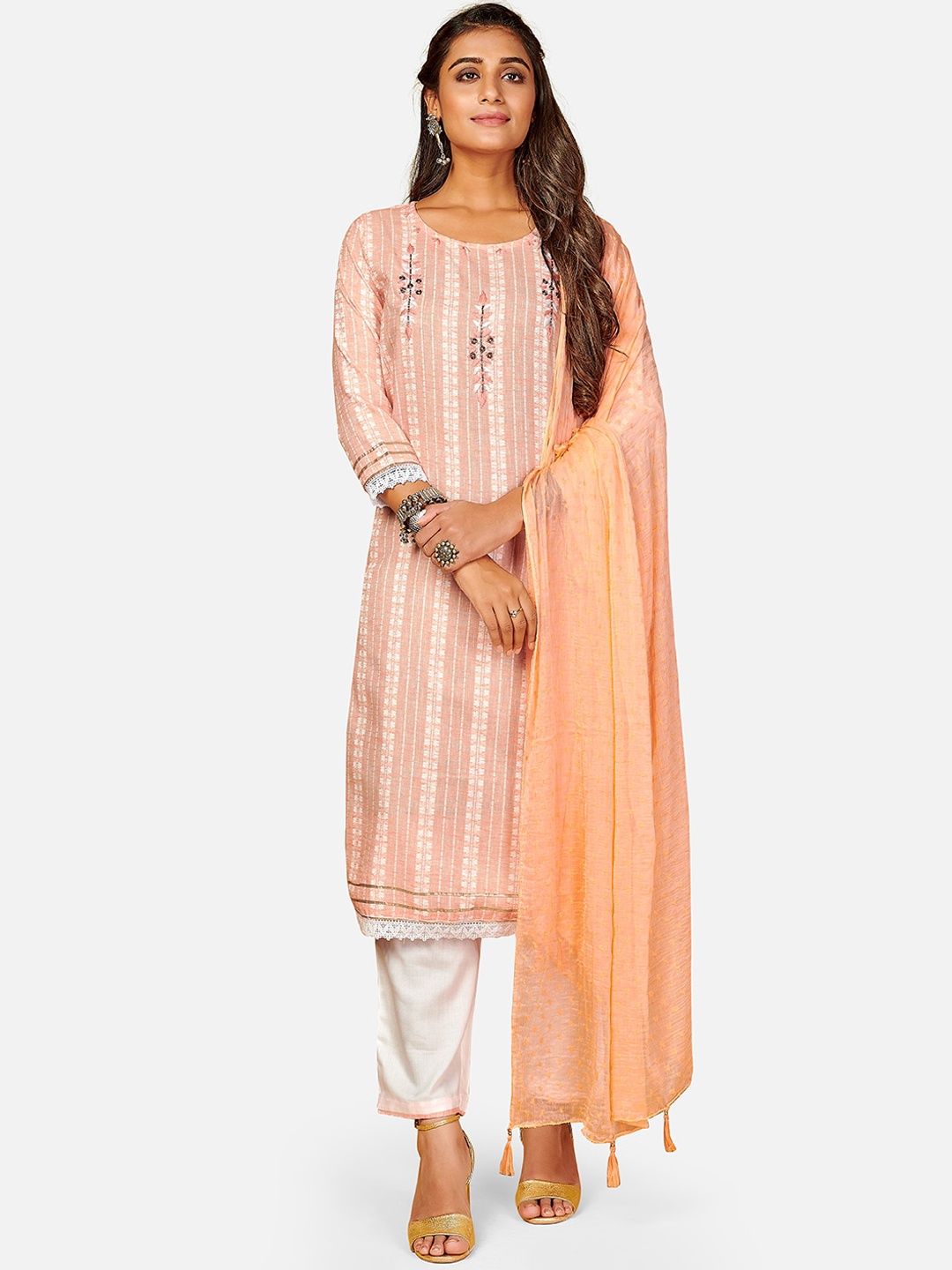 

Vbuyz Orange Embroidered Thread Work Kurta with Trousers & Dupatta