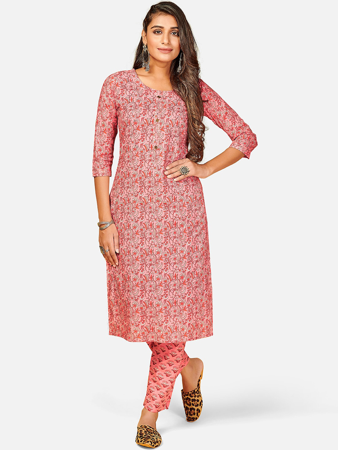 

KALINI Women Pink Ethnic Motifs Printed Panelled Thread Work Pure Cotton Kurti with Trousers