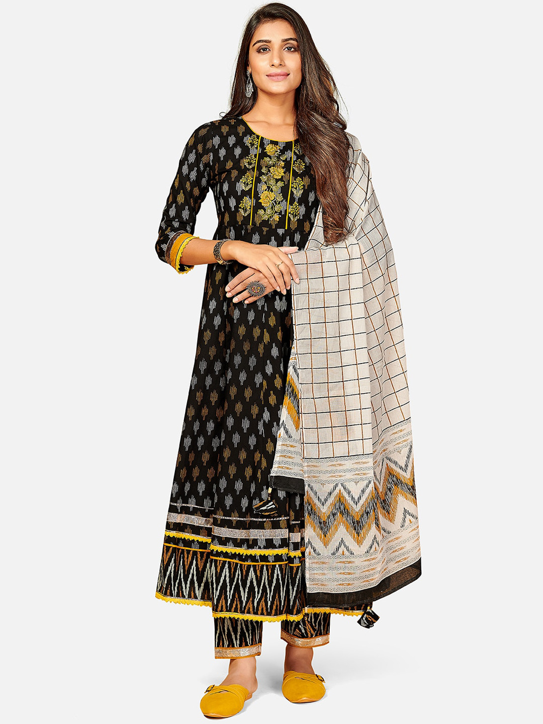 

KALINI Women Black Ethnic Motifs Printed Layered Thread Work Pure Cotton Kurti with Trousers & With Dupatta