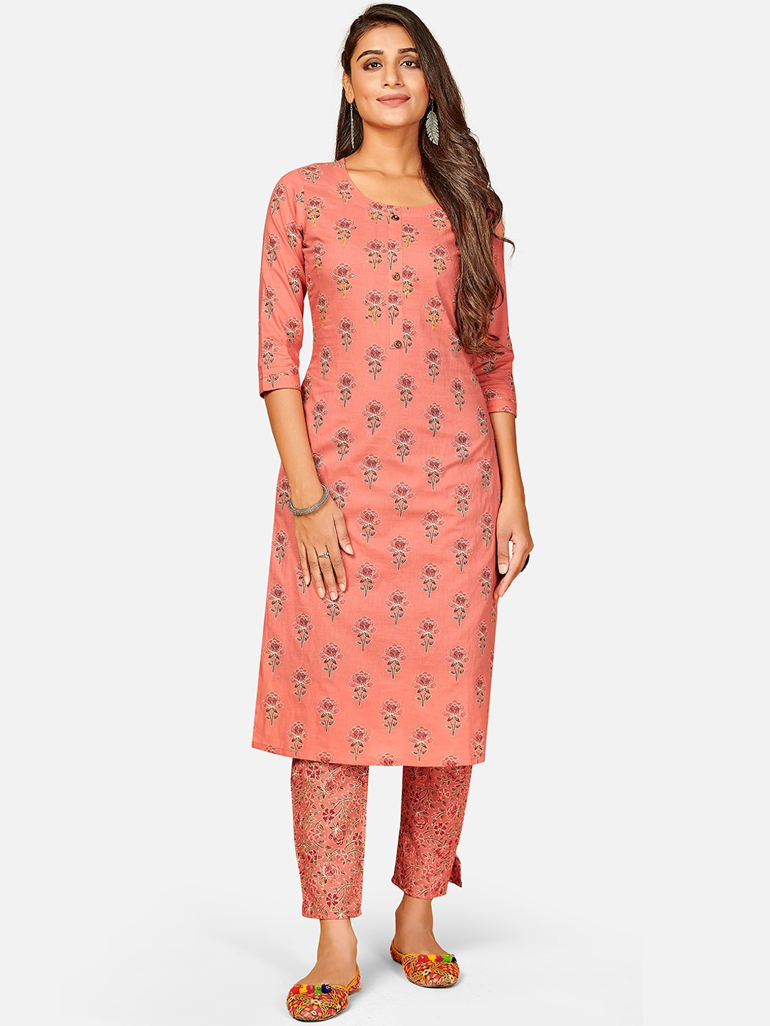 

KALINI Women Peach-Coloured Floral Printed Pure Cotton Kurti with Trousers