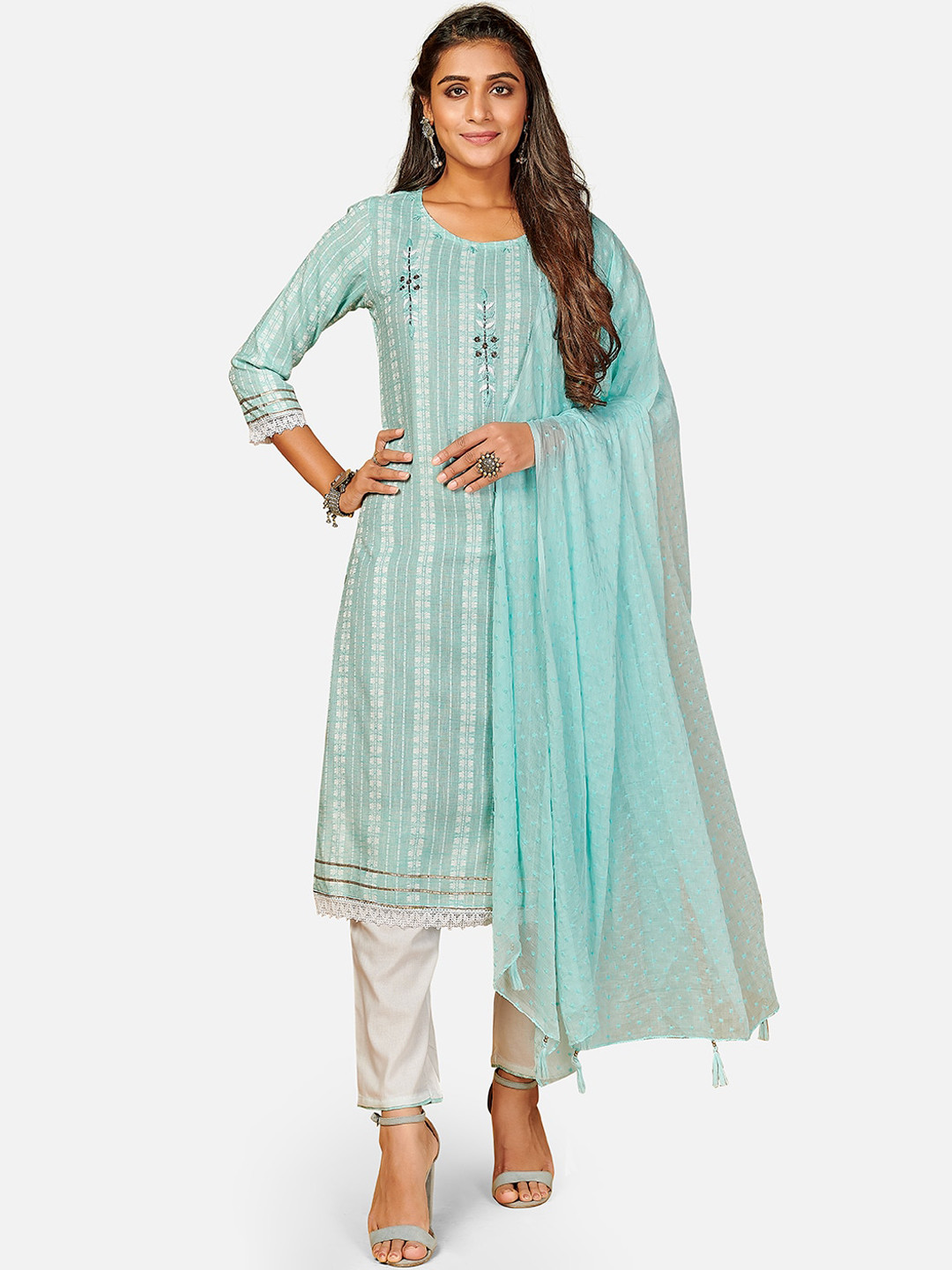 

KALINI Women Blue Ethnic Motifs Striped Pleated Thread Work Kurti with Trousers & With Dupatta