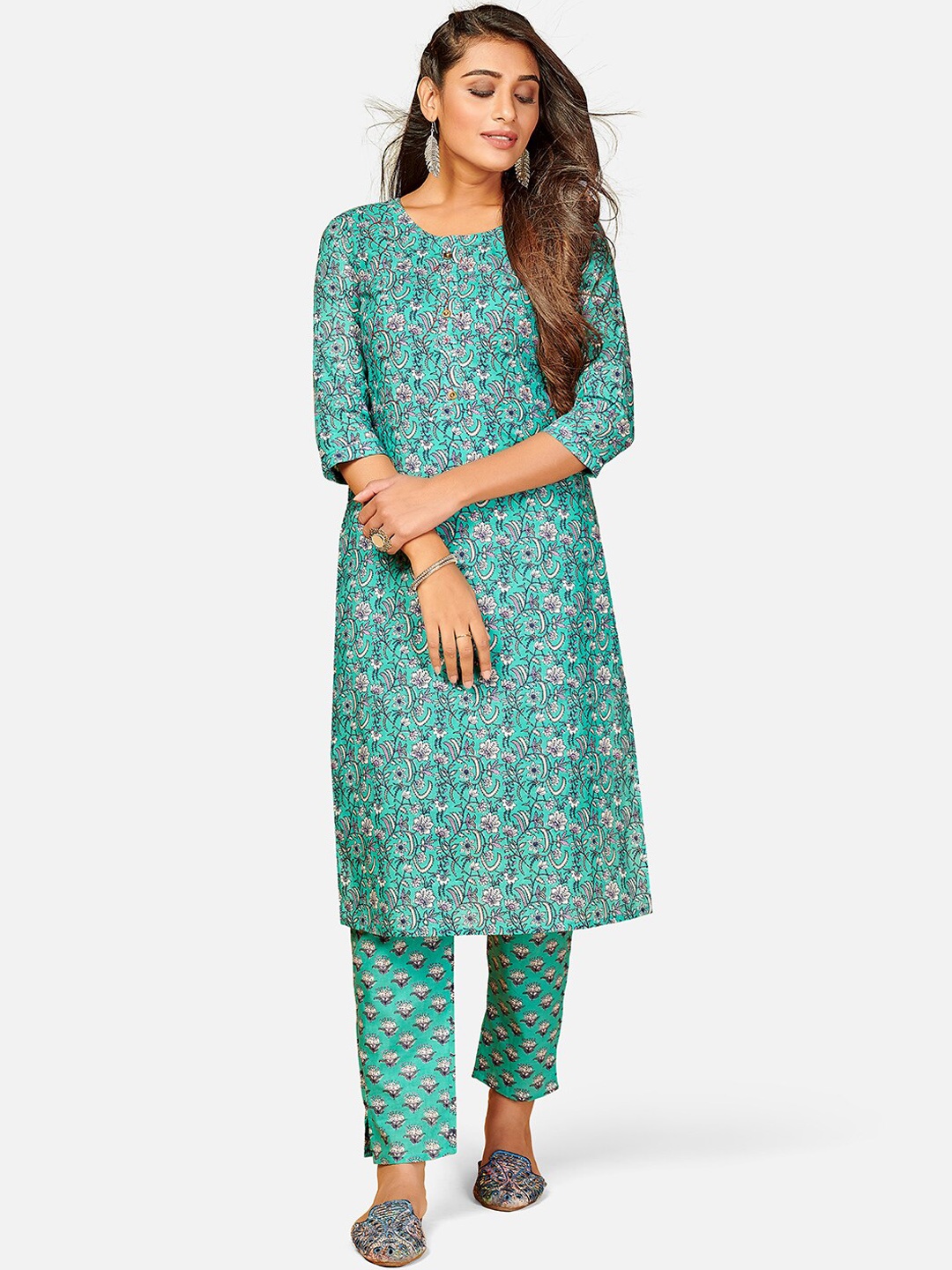 

KALINI Women Turquoise Blue Printed Pure Cotton Kurti with Trousers