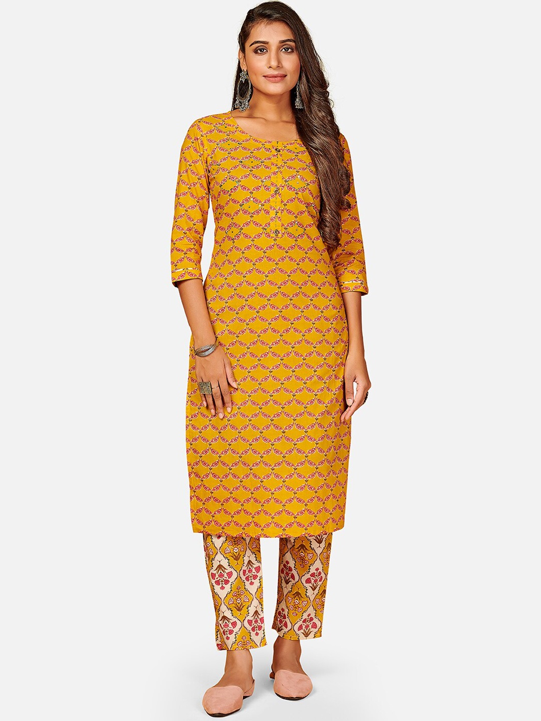 

KALINI Women Yellow Ethnic Motifs Printed Pure Cotton Kurti with Trousers