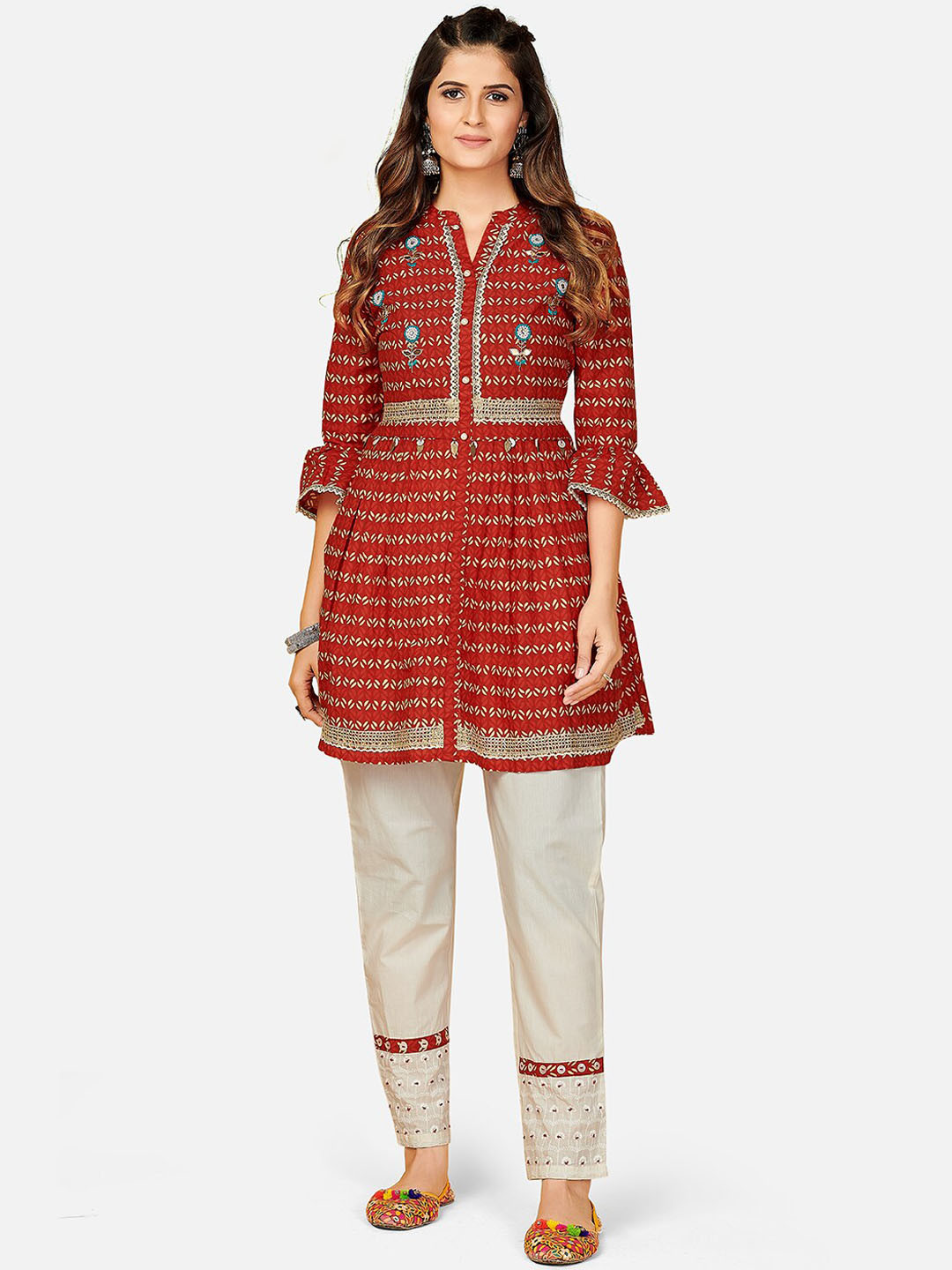 

KALINI Women Red Ethnic Motifs Printed Pleated Beads and Stones Pure Cotton Kurti with Trousers