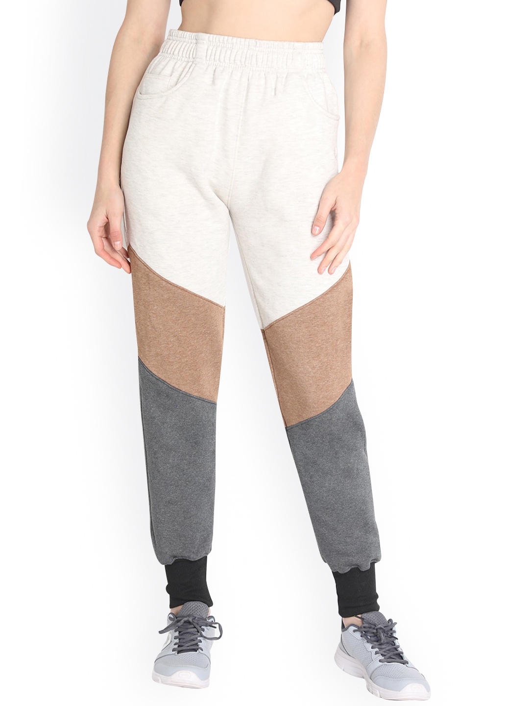 

CHKOKKO Women Grey & Brown Regular Fit Colourblocked Running Cotton Track Pants