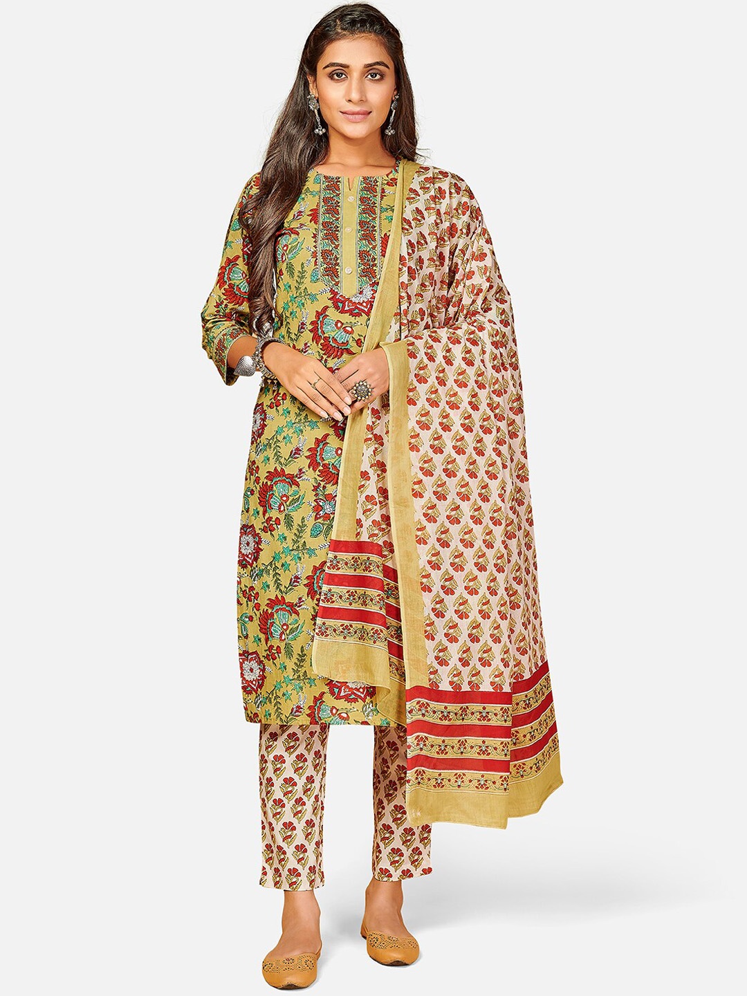 

Vbuyz Women Green Ethnic Motifs Printed Panelled Pure Cotton Kurta with Trousers & With Dupatta