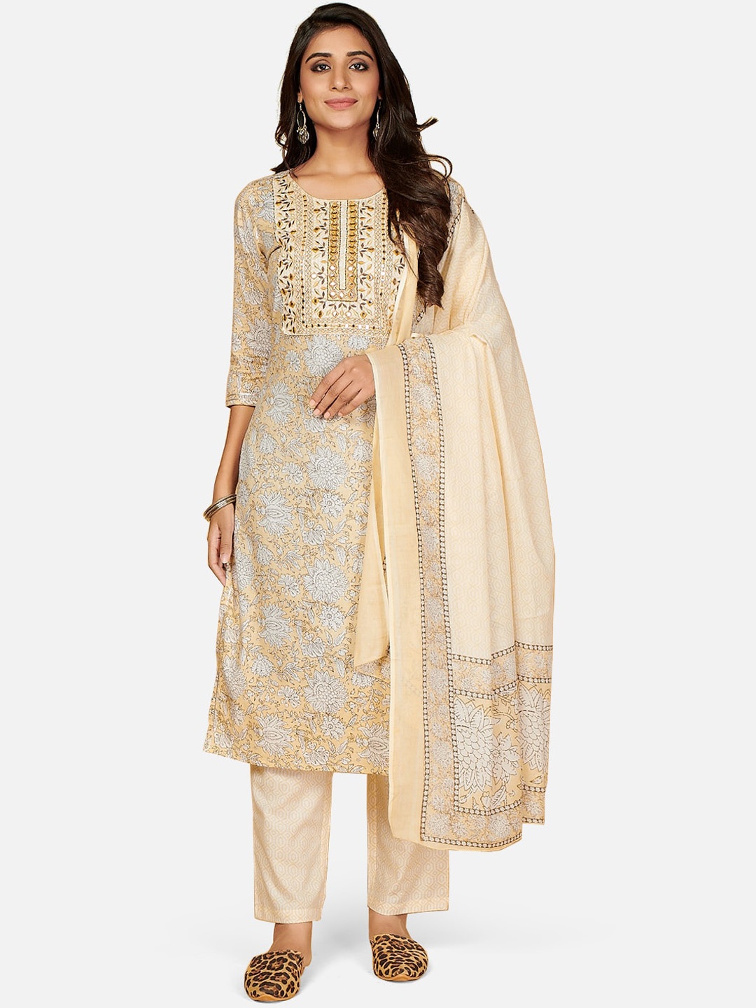 

KALINI Women Beige Ethnic Motifs Printed Mirror Work Pure Cotton Kurti with Trousers & With Dupatta