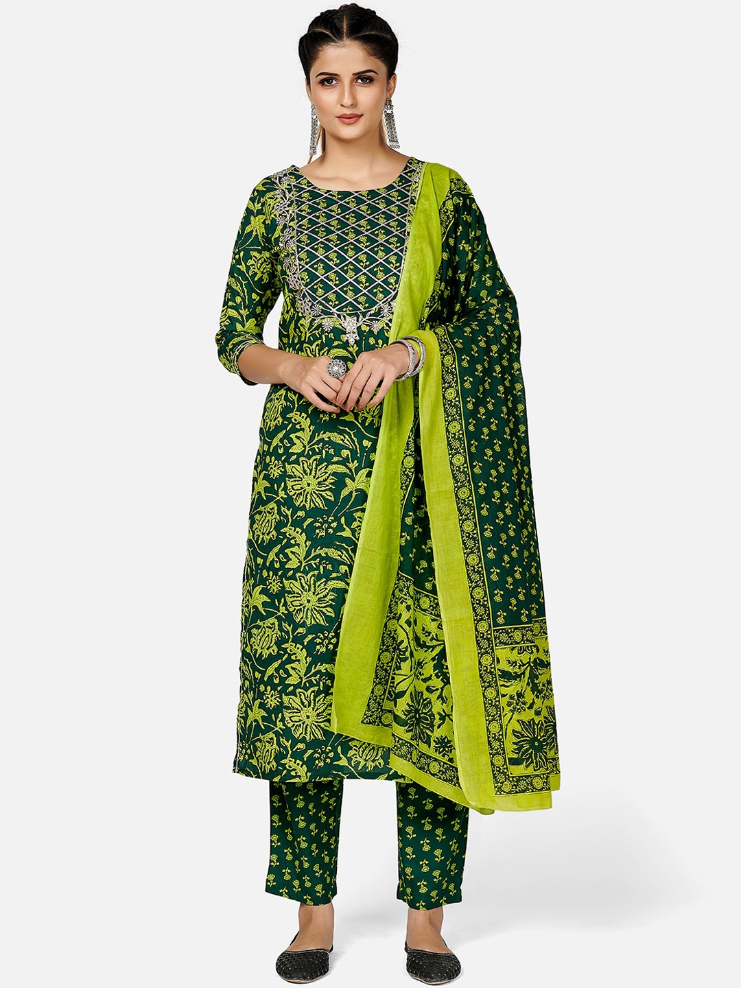 

KALINI Women Green Floral Printed Pure Cotton Kurta with Trousers & With Dupatta