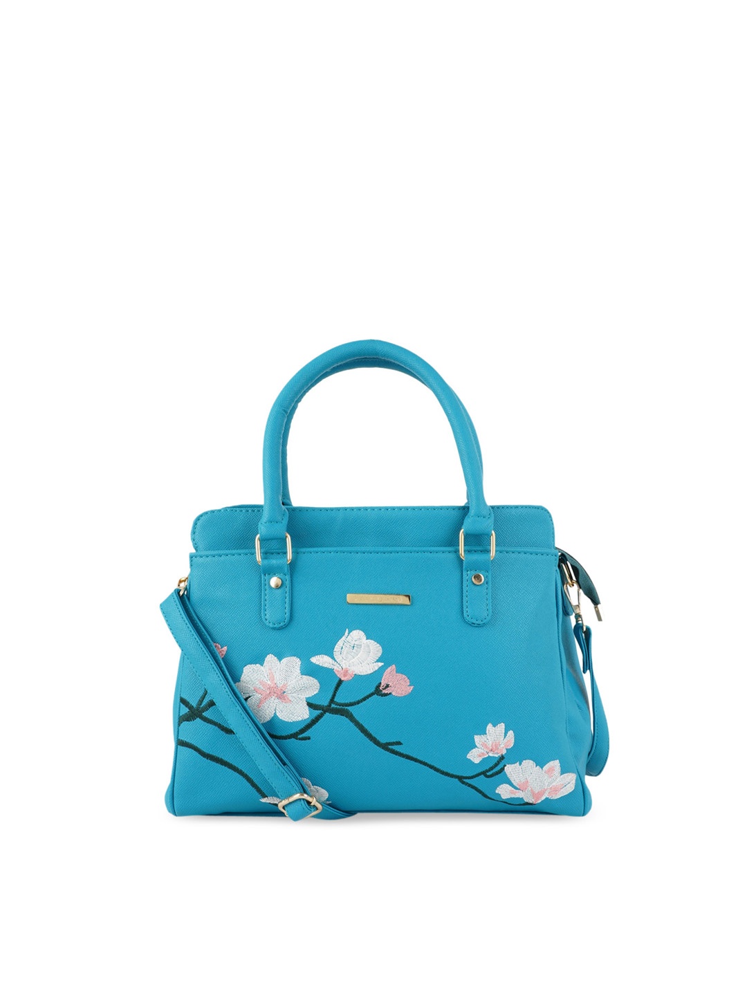 

Lapis O Lupo Turquoise Blue Floral Printed Structured Handheld Bag