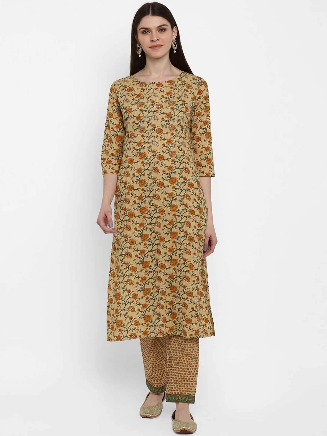 

KALINI Women Yellow Floral Printed Pure Cotton Kurta with Trousers