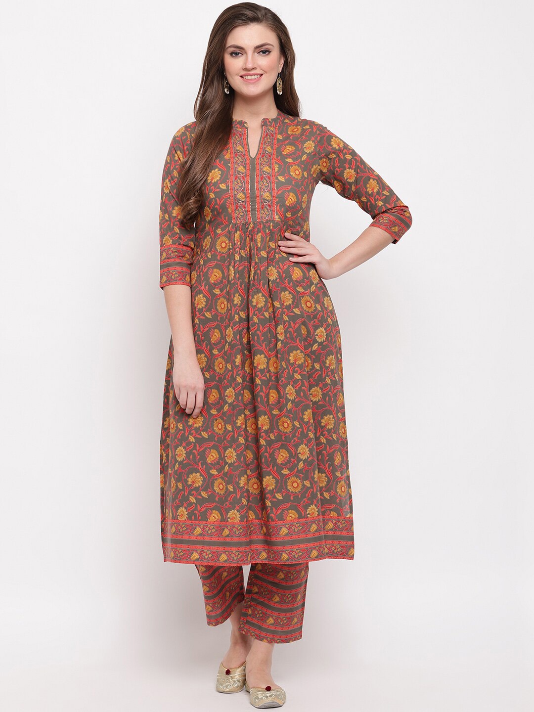 KALINI Women Grey Floral Printed Pleated Pure Cotton Kurti with Trousers