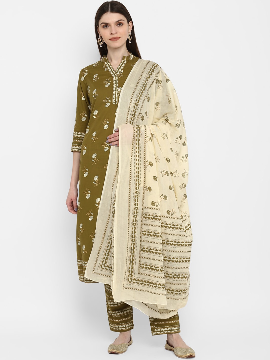 

KALINI Women Green Ethnic Motifs Printed Thread Work Pure Cotton Kurti with Trousers & With Dupatta