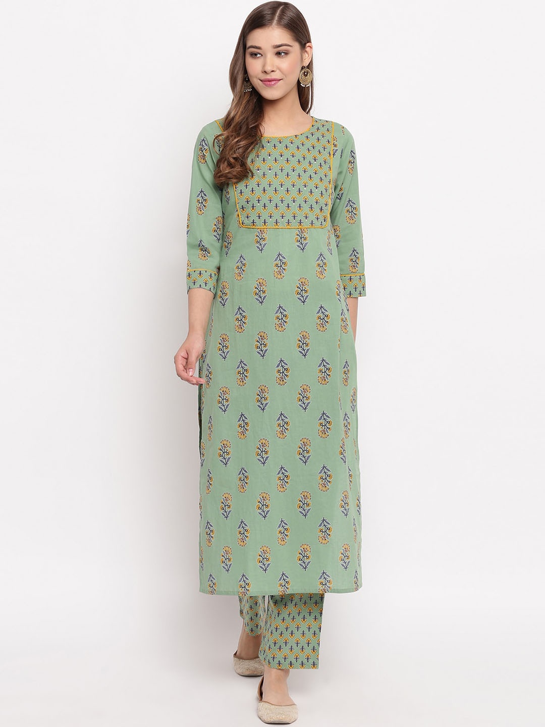 

Vbuyz Women Green Floral Printed Pure Cotton Kurti with Palazzos