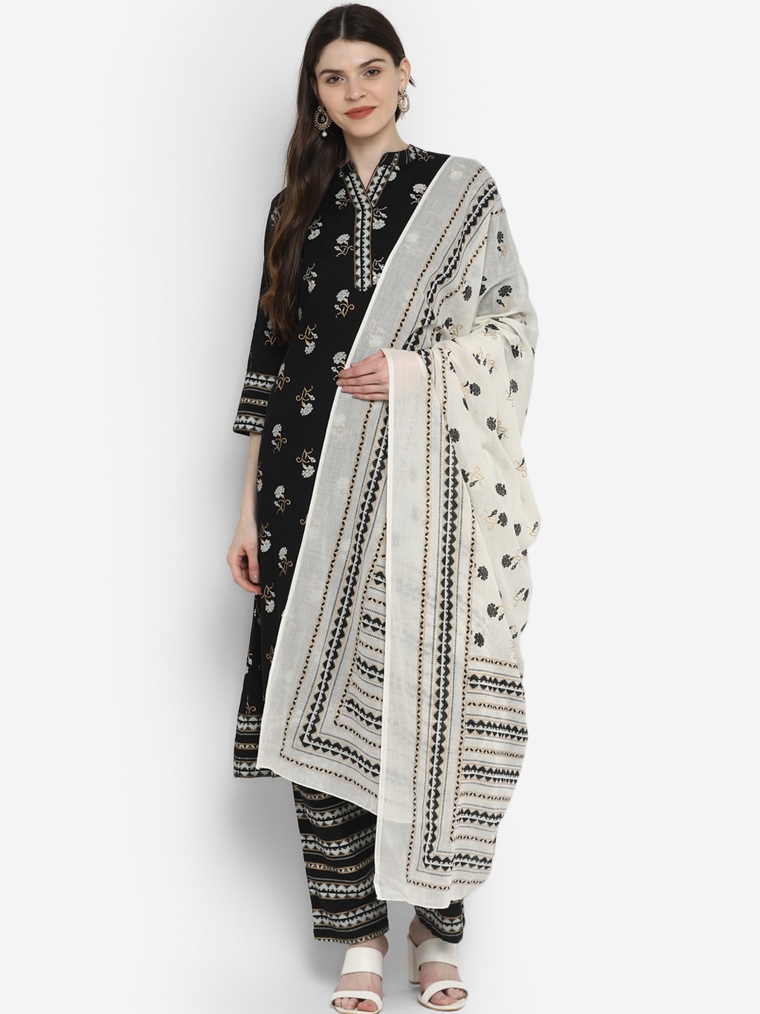 

KALINI Women Black Ethnic Motifs Embroidered Panelled Thread Work Pure Cotton Kurta with Trousers & With Dupatta