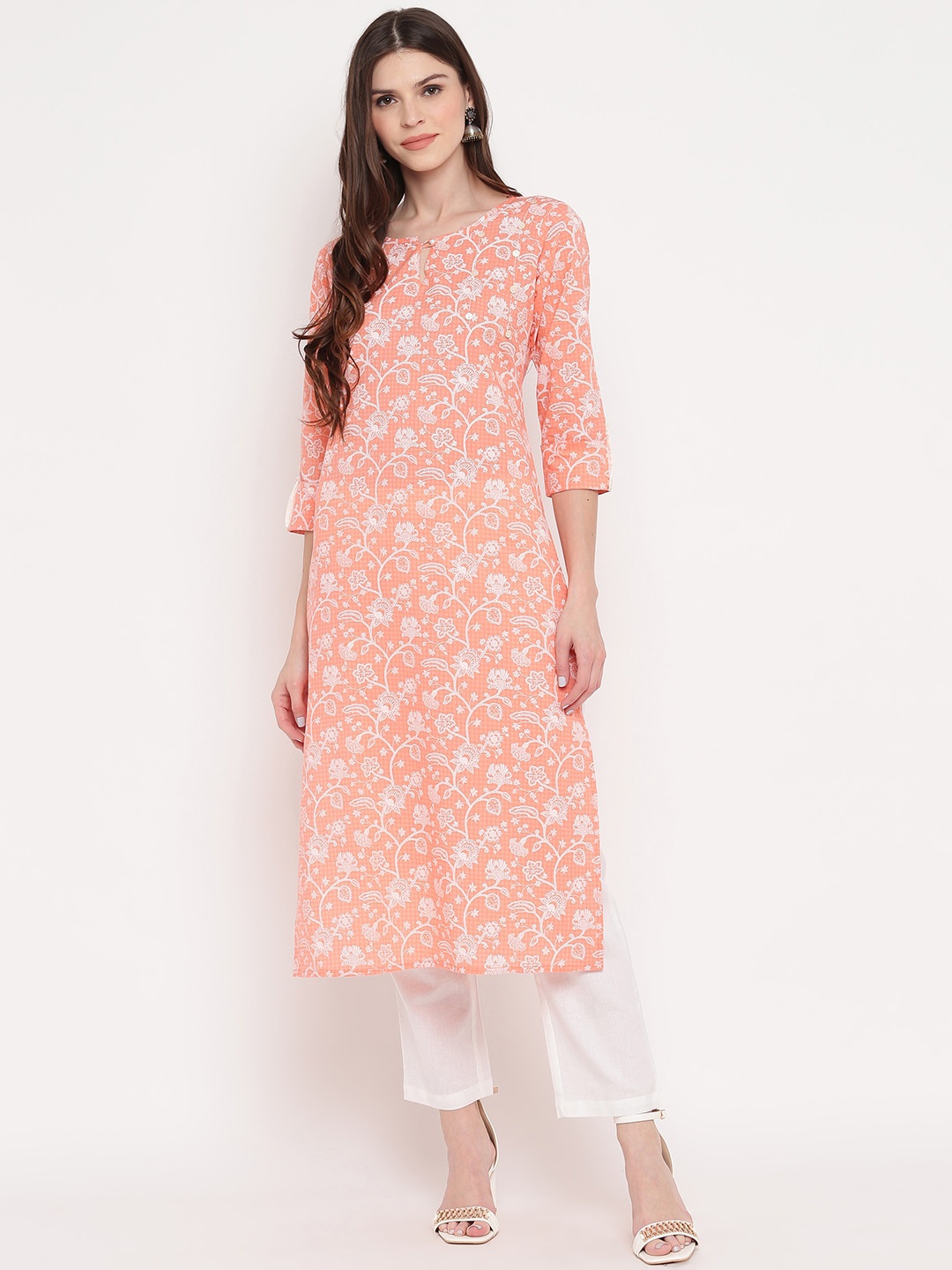

KALINI Women Orange Floral Printed High Slit Pure Cotton Kurti with Trousers