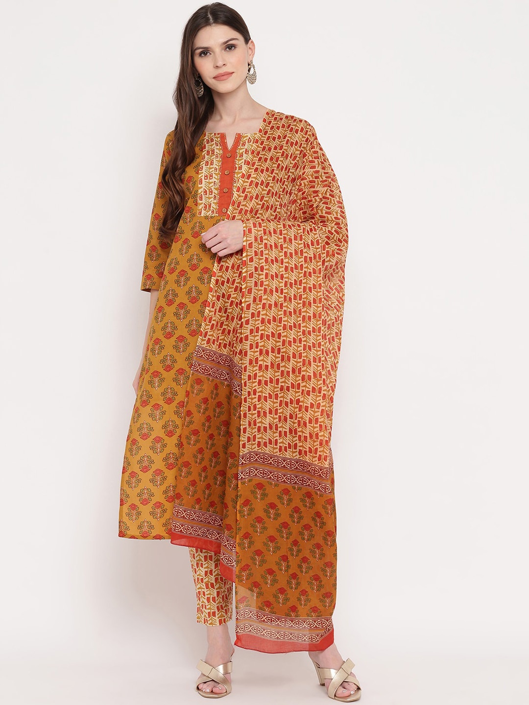 

Vbuyz Women Mustard Yellow Ethnic Motifs Printed Sequinned Pure Cotton Kurta with Trousers & With Dupatta