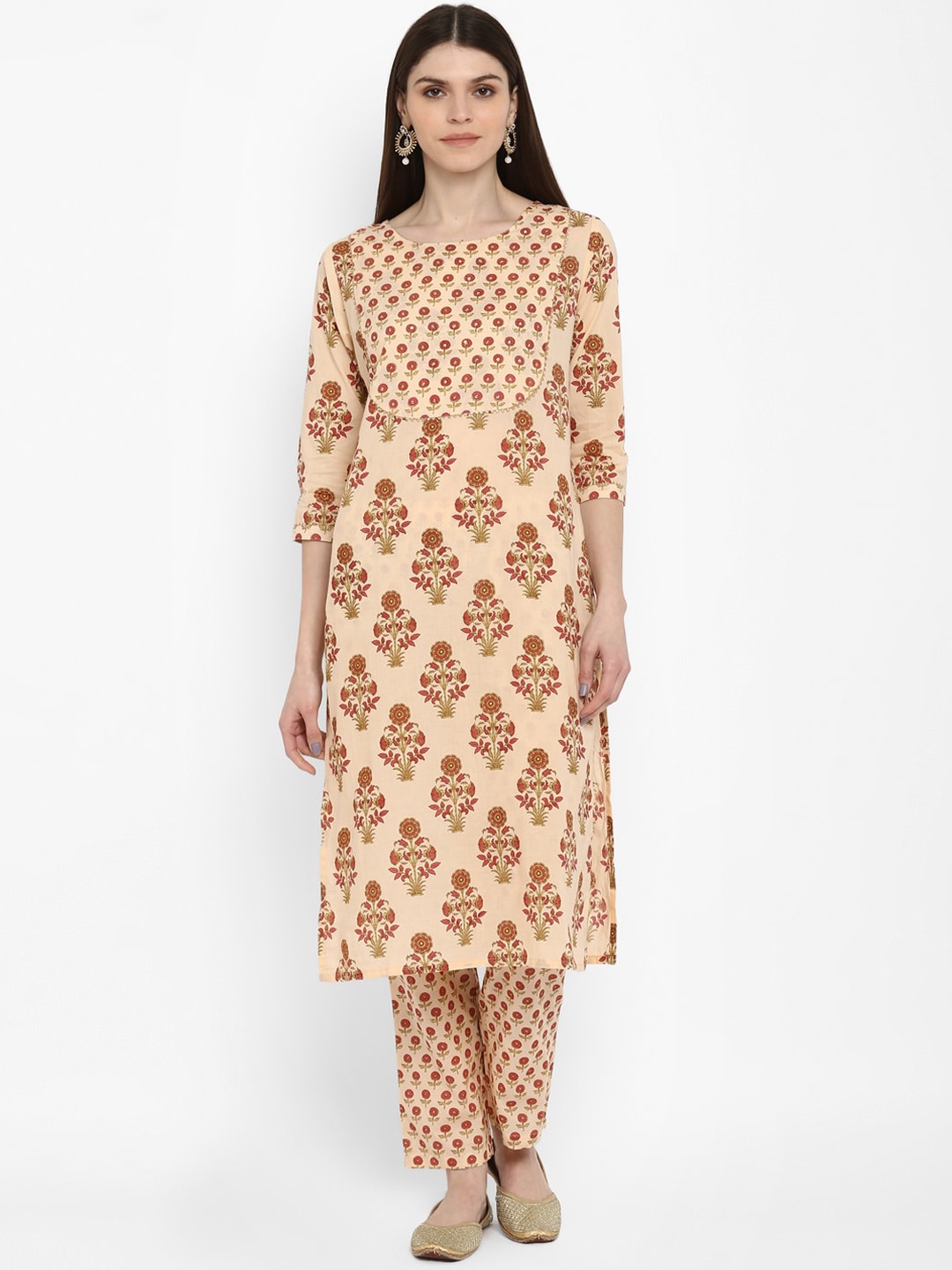 

KALINI Women Orange Ethnic Motifs Printed Pure Cotton Kurta with Trousers