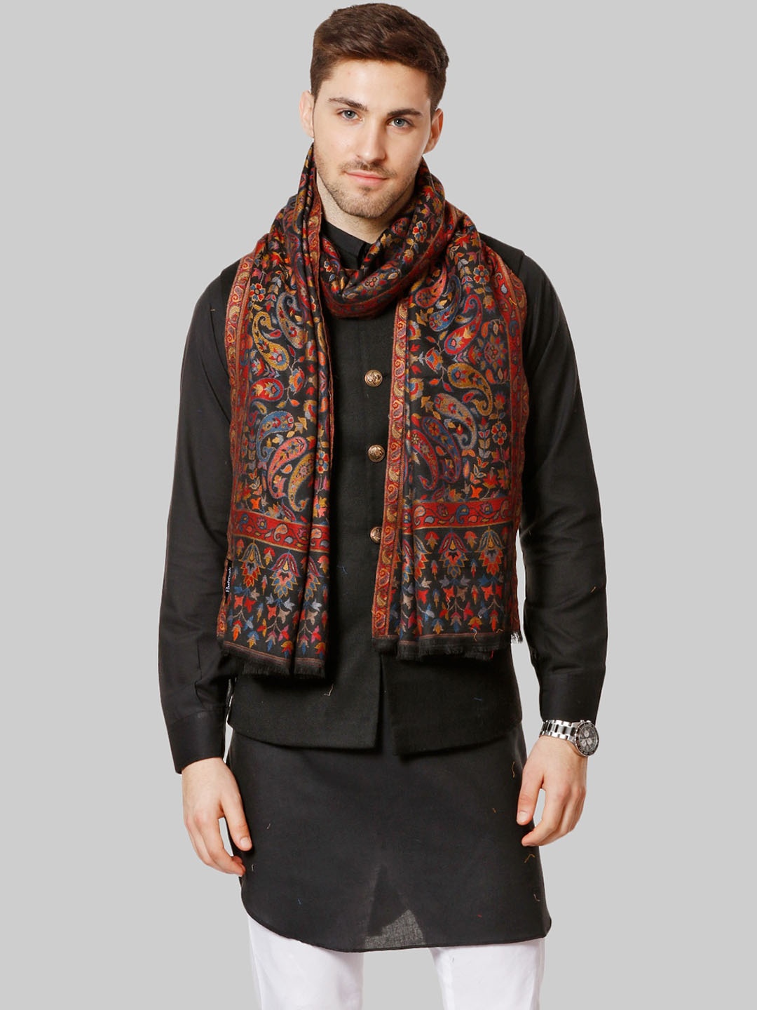 

Pashtush Men Black Woven Design Woolen Shawl