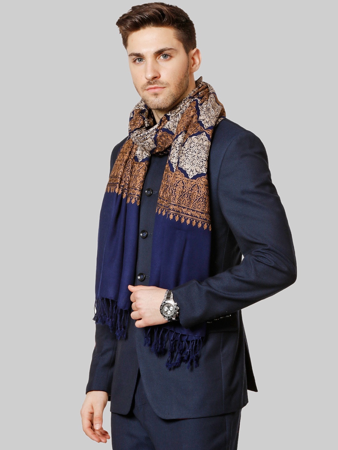 

Pashtush Men Navy Blue & Brown Printed Woolen Shawl