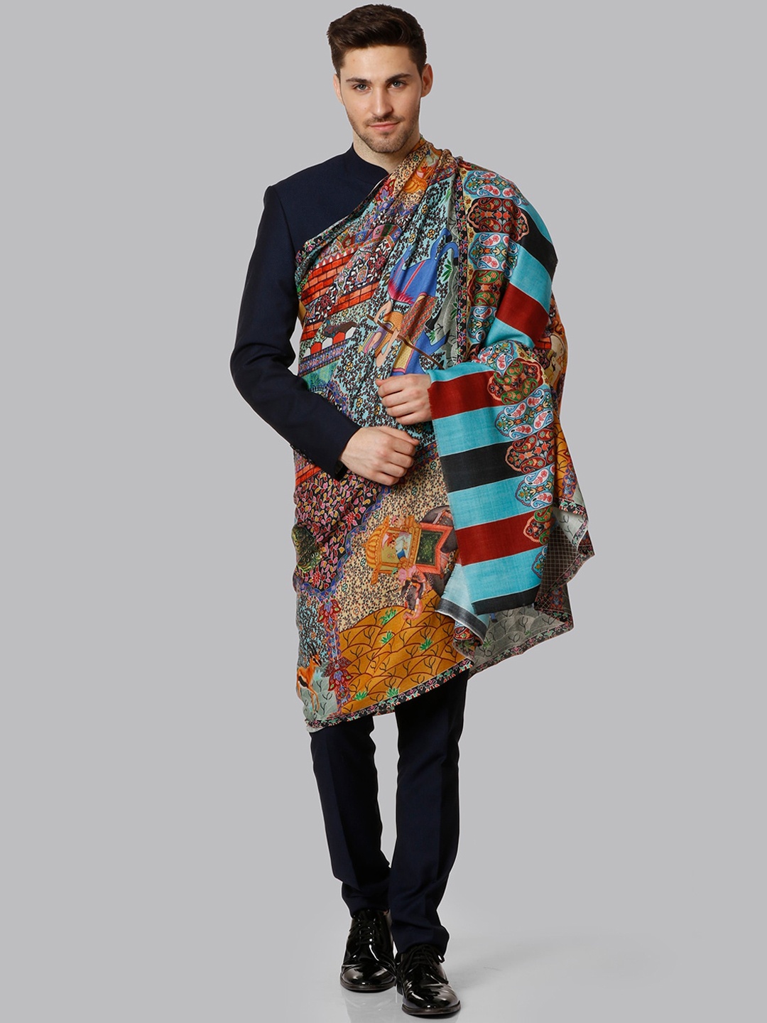 

Pashtush Men Blue & Orange Printed Woollen Shawl, Multi