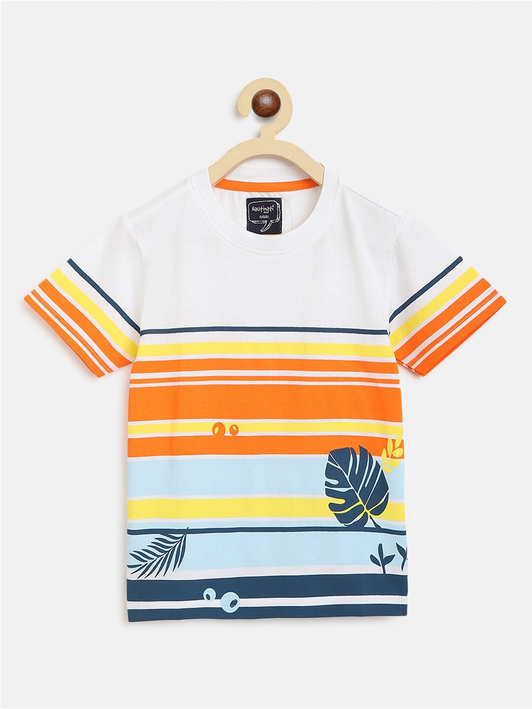 

Nauti Nati Boys White & Orange Striped Cotton Round Neck T-shirt