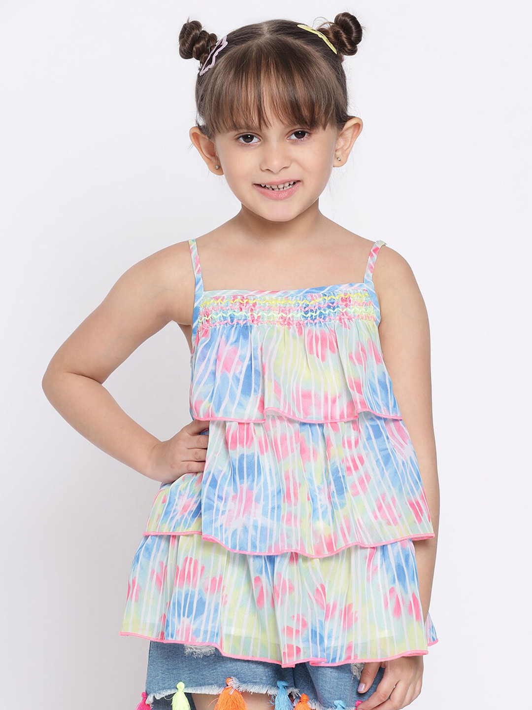 

Nauti Nati Blue & Pink Print Tiered Georgette Top