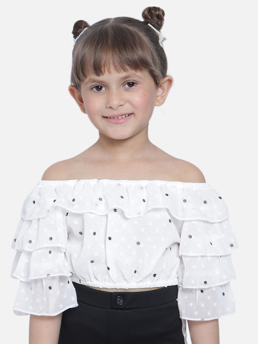 

Nauti Nati Girls Off White Polka Dots Print Off-Shoulder Georgette Bardot Top